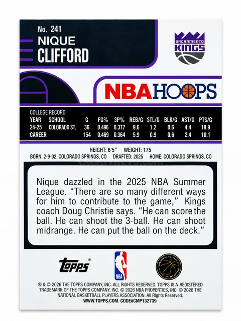 Topps NBA Hoops Nique Clifford Rookie Card