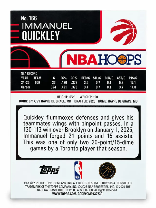 Carta NBA HOOPS Immanuel Quickley Toronto Raptors - foto 2