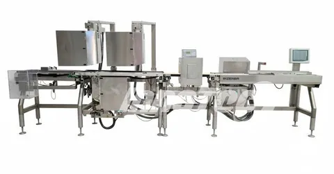 Etiquetadora industrial Bizerba GLMI con 3 cabezales y detector de metales