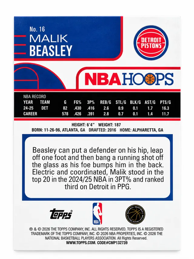 Cromo NBA Hoops Malik Beasley Detroit Pistons - foto 2