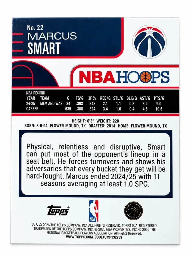 Tarjeta Marcus Smart NBA Hoops Topps #22 Holográfica 2026 - foto 2