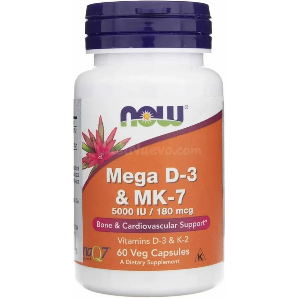NOW Foods Mega D3 & MK-7 – 5000 UI Vitamina D3 + 180 µg Vitamina K2 | Huesos e Inmunidad